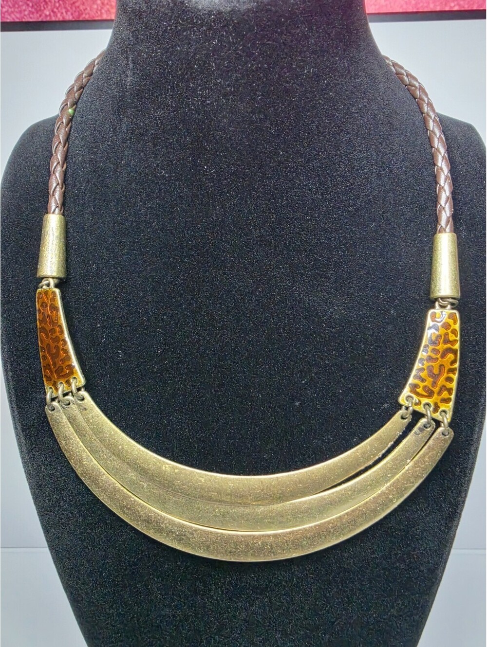 Vintage NRTavon Reversible Brass & Cheetah Print Bib Statement Necklace 17"